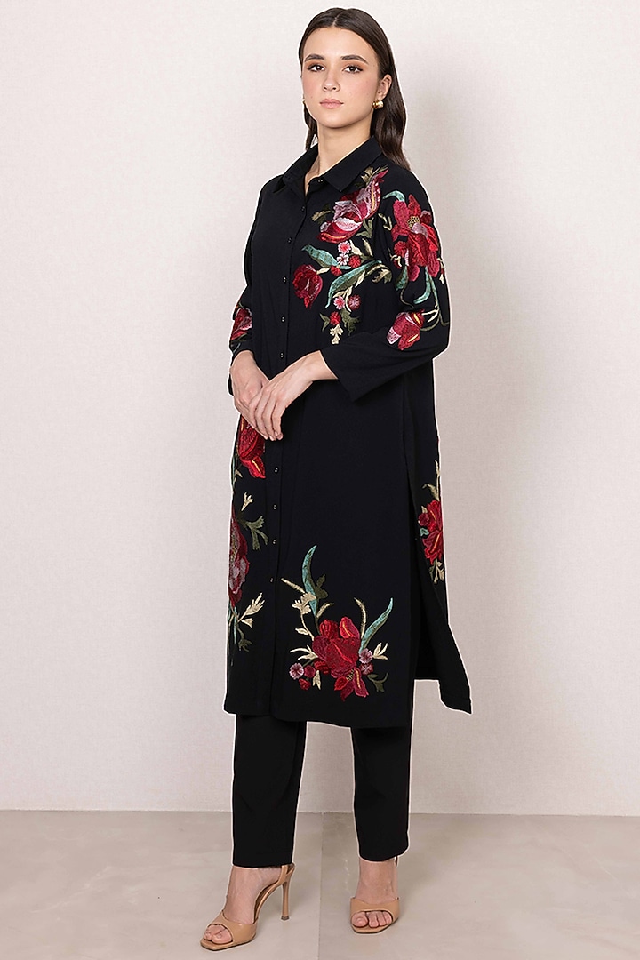 Black Poly Crinkle Floral & Motif Work Tunic by Ranna Gill at Pernia's Pop Up Shop