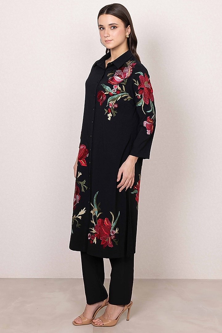 Black Poly Crinkle Floral & Motif Work Tunic by Ranna Gill at Pernia's Pop Up Shop