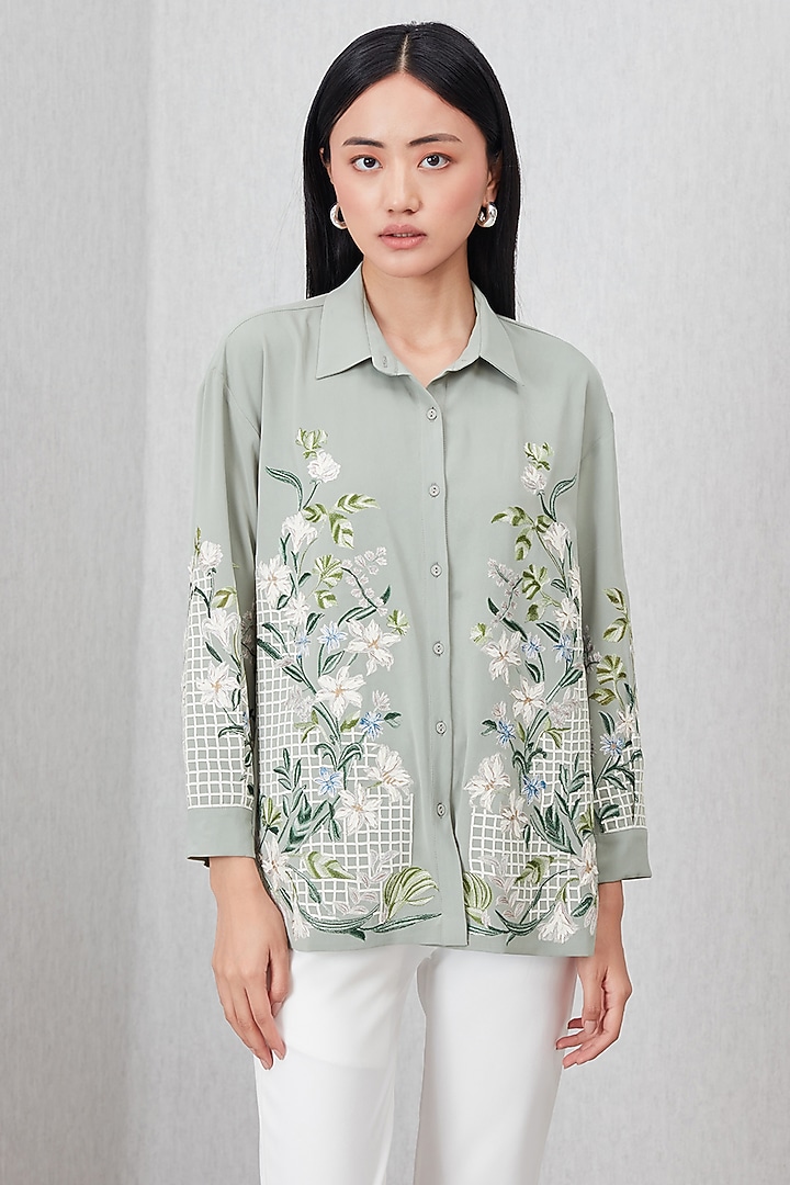 Sage Green China Crepe Embroidered Blouse by Ranna Gill at Pernia's Pop Up Shop