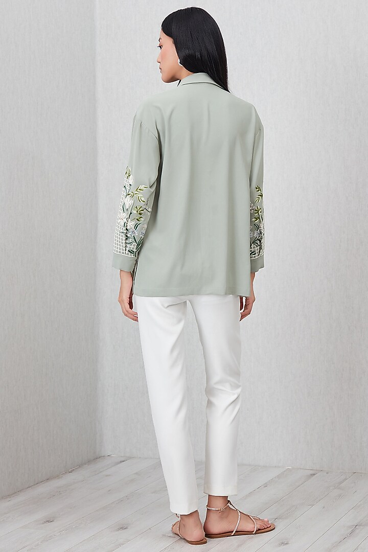 Sage Green China Crepe Embroidered Blouse by Ranna Gill at Pernia's Pop Up Shop