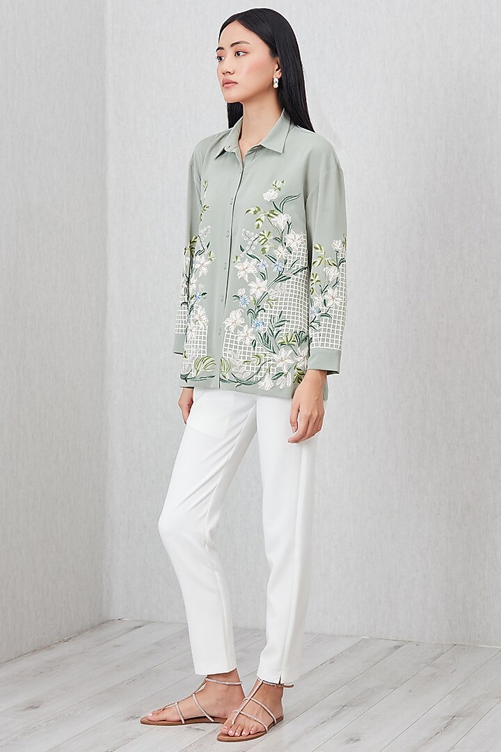 Sage Green China Crepe Embroidered Blouse by Ranna Gill at Pernia's Pop Up Shop