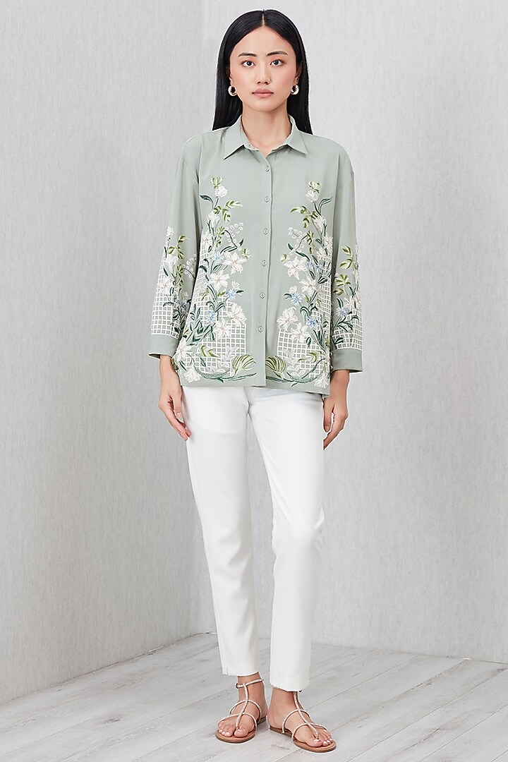 Sage Green China Crepe Embroidered Blouse by Ranna Gill at Pernia's Pop Up Shop