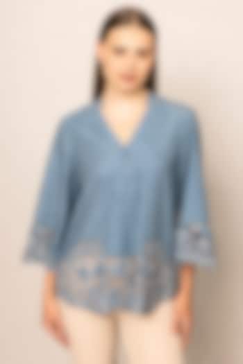 Teal China Crinkle Embroidered Blouse by Ranna Gill at Pernia's Pop Up Shop