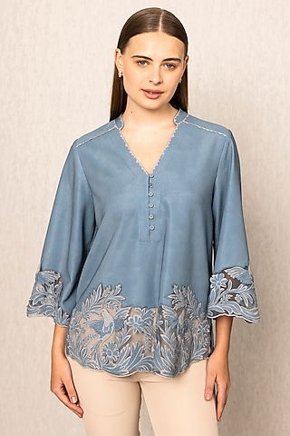 Teal China Crinkle Embroidered Blouse by Ranna Gill