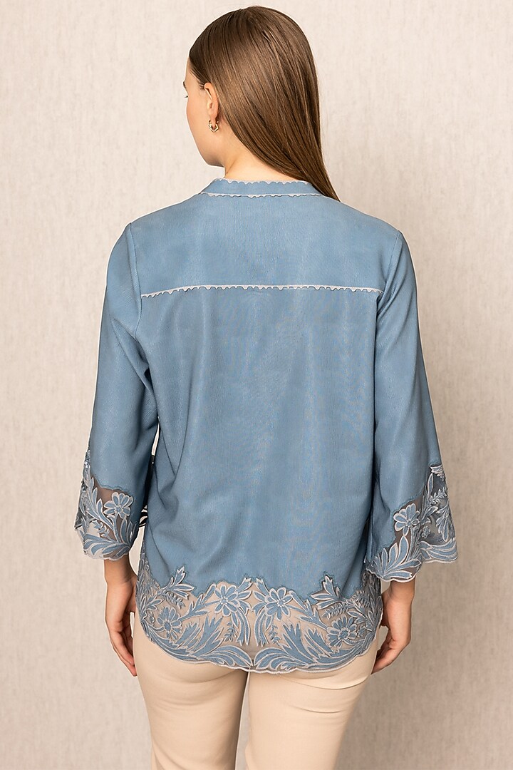 Teal China Crinkle Embroidered Blouse by Ranna Gill at Pernia's Pop Up Shop