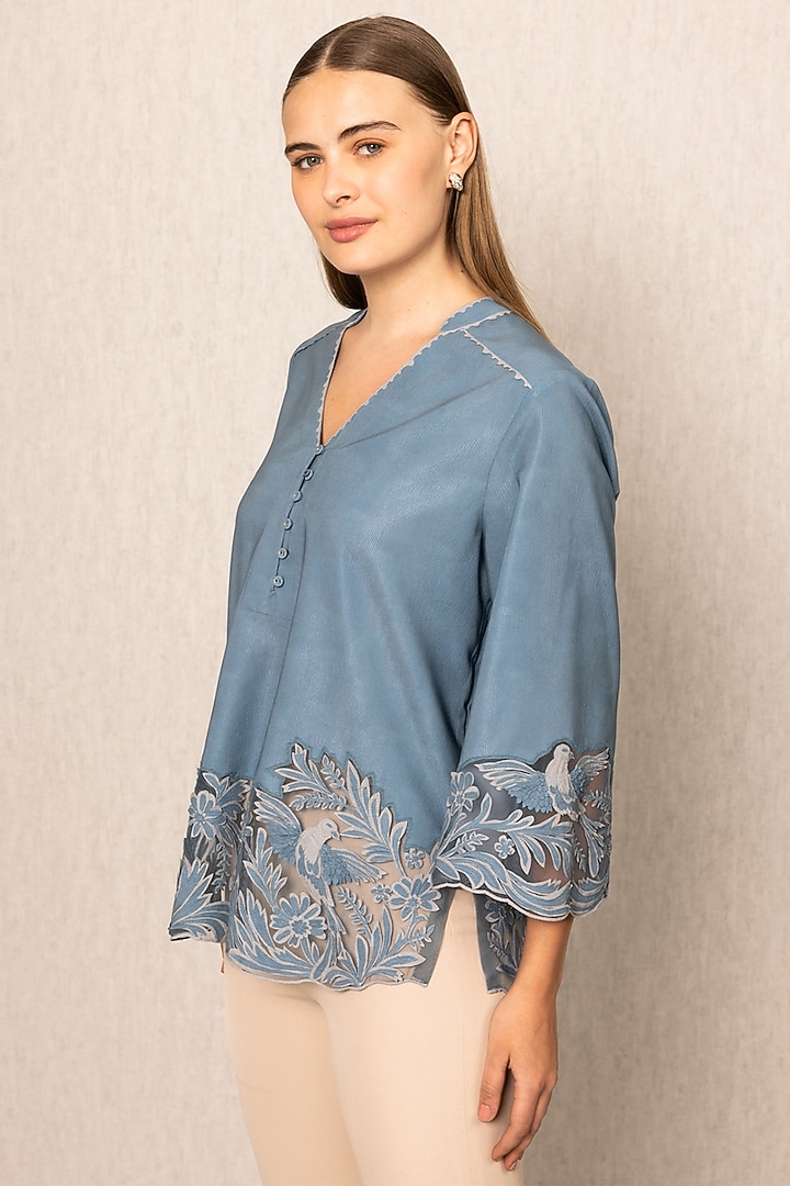 Teal China Crinkle Embroidered Blouse by Ranna Gill at Pernia's Pop Up Shop