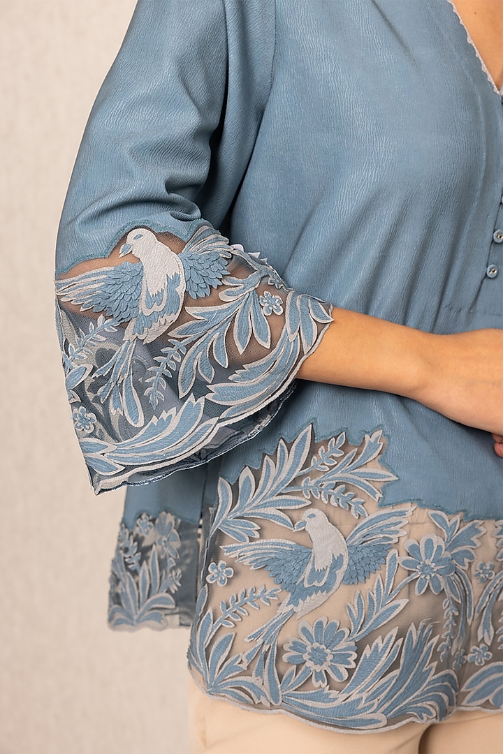 Teal China Crinkle Embroidered Blouse by Ranna Gill at Pernia's Pop Up Shop