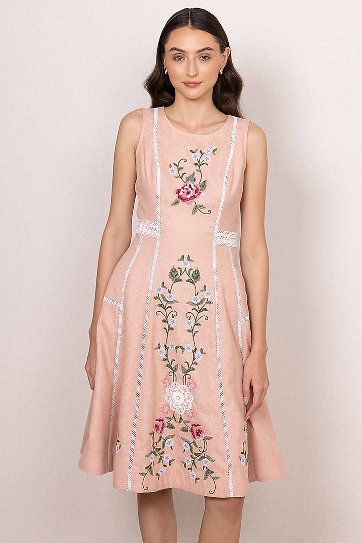 Peach Poly Flex Floral Embroidered Midi Vacation Dress by Ranna Gill at Pernia's Pop Up Shop