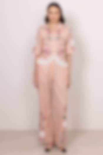 Peach Poly Flex Floral Embroidered Co-Ord Set by Ranna Gill at Pernia's Pop Up Shop