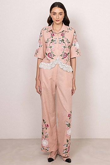 Peach Poly Flex Floral Embroidered Co-Ord Set by Ranna Gill at Pernia's Pop Up Shop