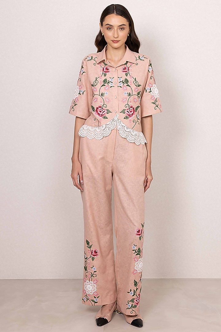 Peach Poly Flex Floral Embroidered Co-Ord Set by Ranna Gill at Pernia's Pop Up Shop