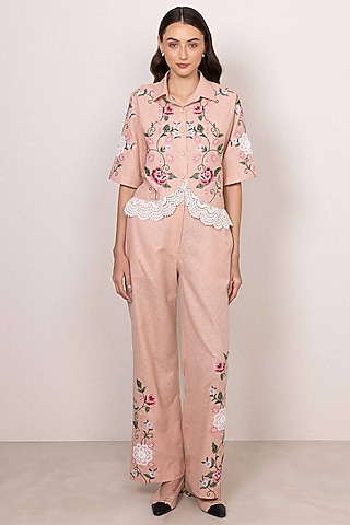 Peach Poly Flex Floral Embroidered Co-Ord Set by Ranna Gill