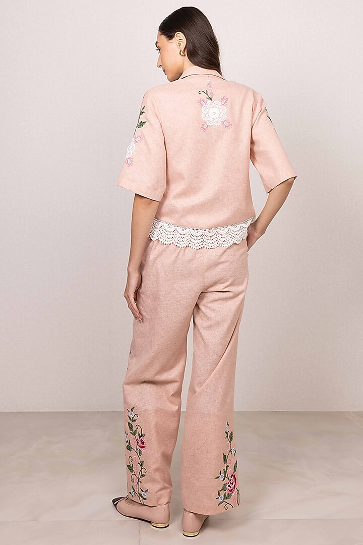 Peach Poly Flex Floral Embroidered Co-Ord Set by Ranna Gill at Pernia's Pop Up Shop