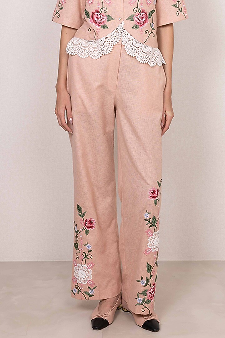 Peach Poly Flex Floral Embroidered Co-Ord Set by Ranna Gill at Pernia's Pop Up Shop