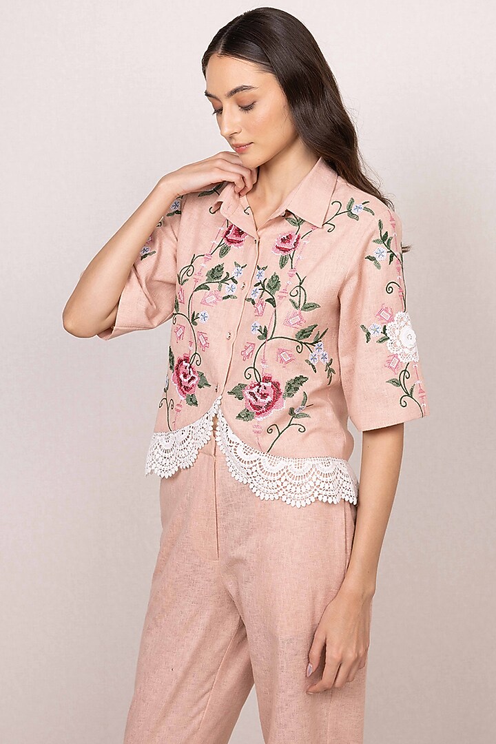 Peach Poly Flex Floral Embroidered Co-Ord Set by Ranna Gill at Pernia's Pop Up Shop