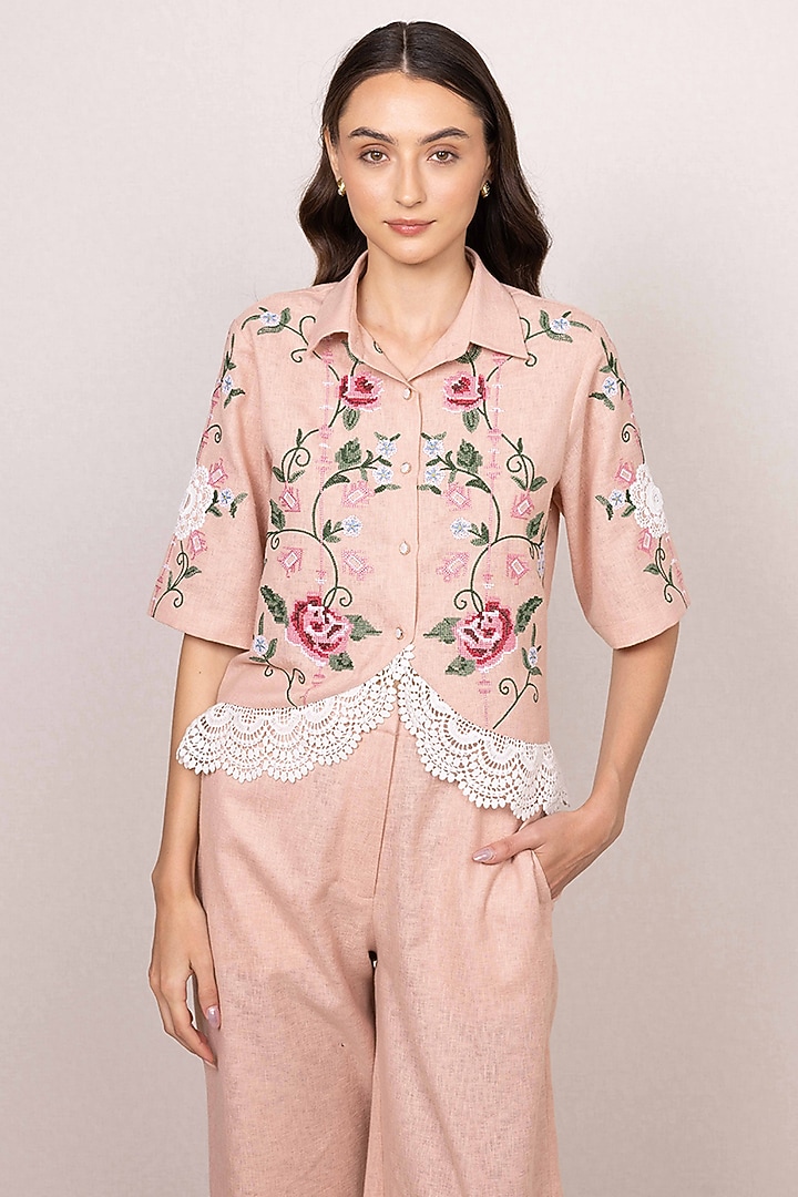 Peach Poly Flex Floral Embroidered Co-Ord Set by Ranna Gill at Pernia's Pop Up Shop