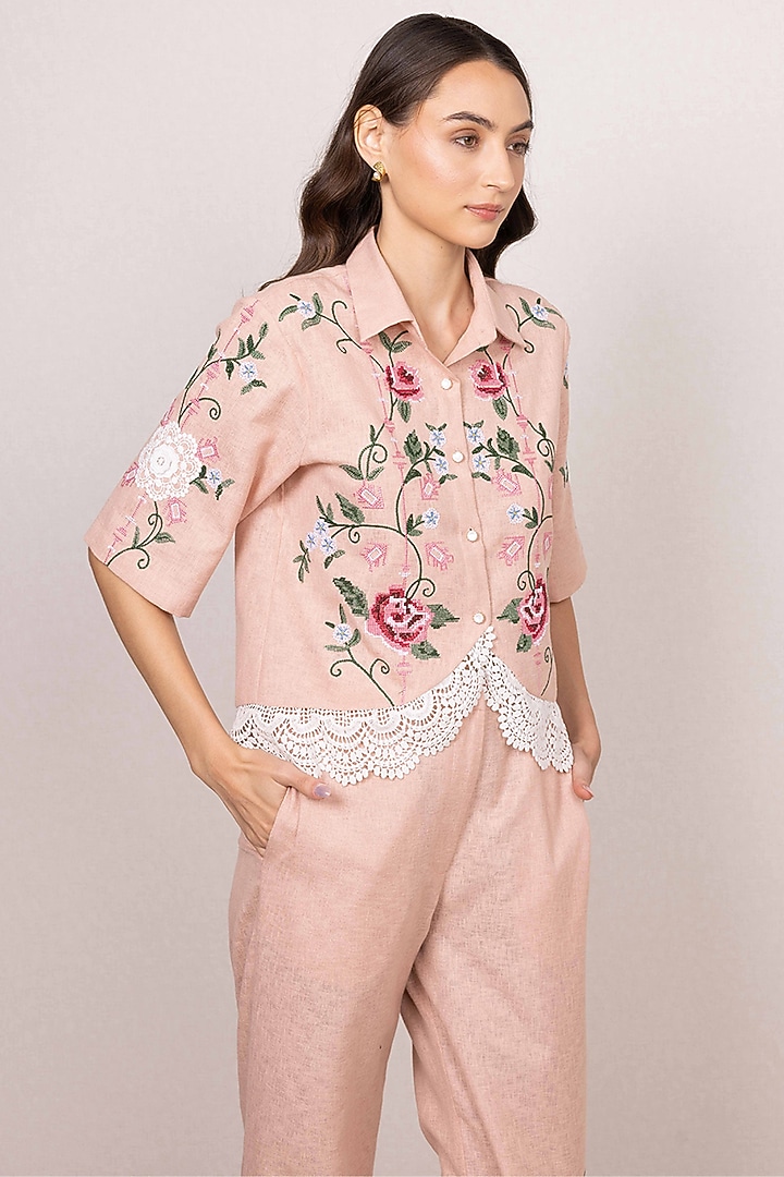 Peach Poly Flex Floral Embroidered Co-Ord Set by Ranna Gill at Pernia's Pop Up Shop