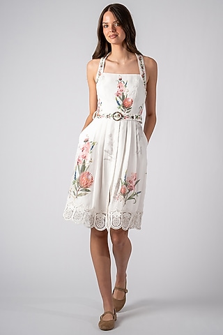White Linen Printed Halter Dress by Ranna Gill