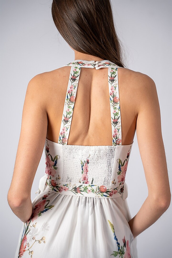 White Linen Printed Halter Vacation Dress by Ranna Gill at Pernia's Pop Up Shop