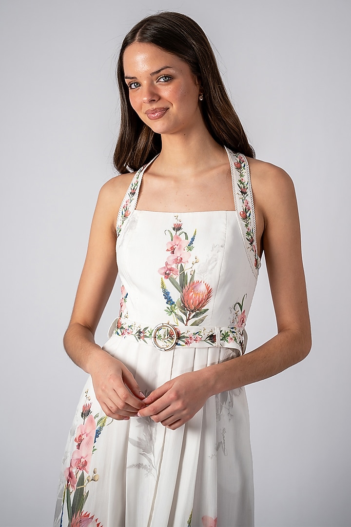 White Linen Printed Halter Vacation Dress by Ranna Gill at Pernia's Pop Up Shop