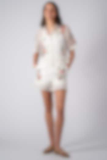 White Linen Floral Printed Shorts by Ranna Gill at Pernia's Pop Up Shop