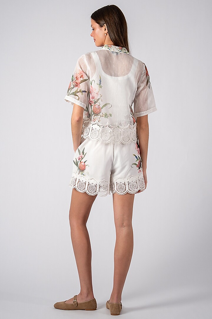 White Linen Floral Printed Shorts by Ranna Gill at Pernia's Pop Up Shop