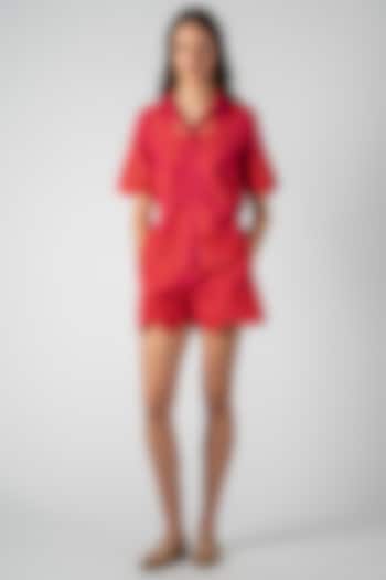 Fuchsia Pink Poly Flex Embroidered Shorts by Ranna Gill at Pernia's Pop Up Shop
