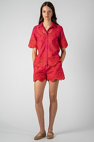 Fuchsia Pink Poly Flex Embroidered Shorts by Ranna Gill