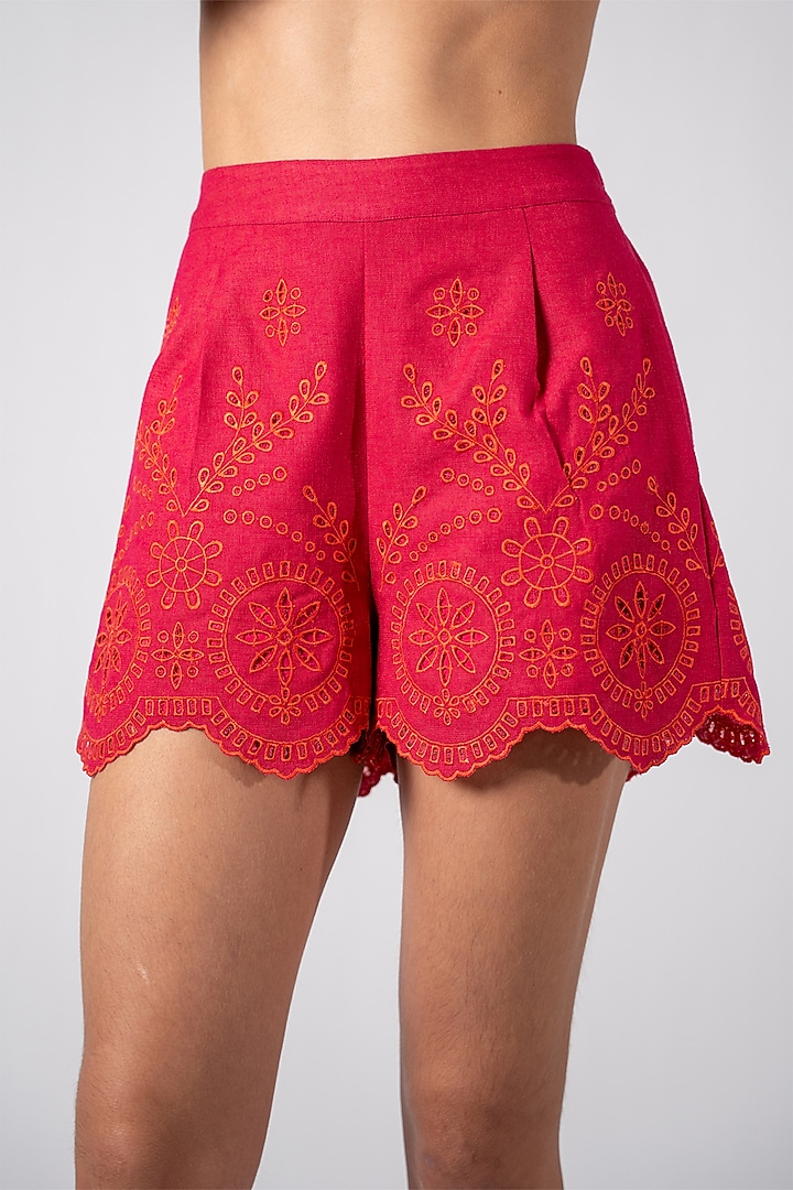 Fuchsia Pink Poly Flex Embroidered Shorts by Ranna Gill at Pernia's Pop Up Shop