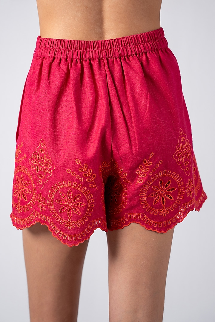 Fuchsia Pink Poly Flex Embroidered Shorts by Ranna Gill at Pernia's Pop Up Shop