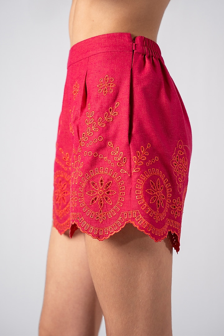 Fuchsia Pink Poly Flex Embroidered Shorts by Ranna Gill at Pernia's Pop Up Shop