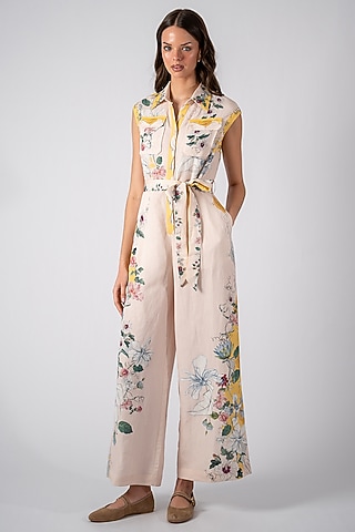 Multi-Colored Linen Viscose Printed Jumpsuit by Ranna Gill