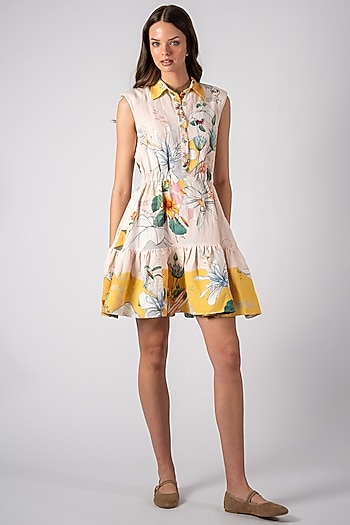 Multi-Colored Linen Viscose Printed Tiered Mini Vacation Dress by Ranna Gill at Pernia's Pop Up Shop