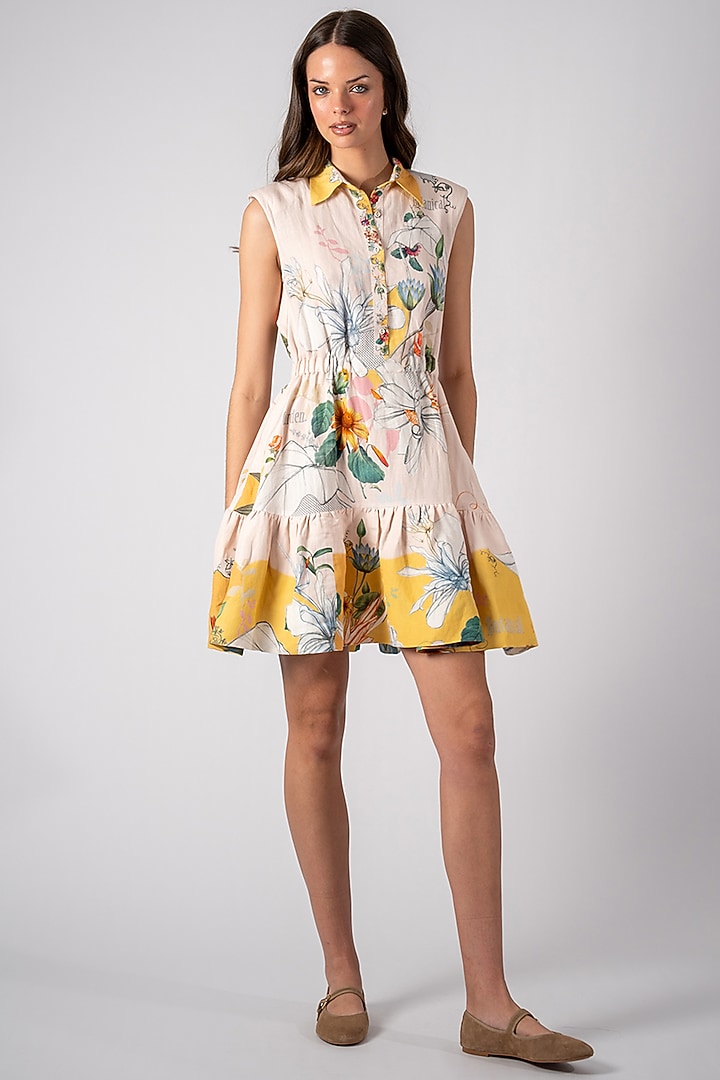 Multi-Colored Linen Viscose Printed Tiered Mini Vacation Dress by Ranna Gill at Pernia's Pop Up Shop