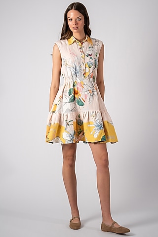 Multi-Colored Linen Viscose Printed Tiered Mini Dress by Ranna Gill