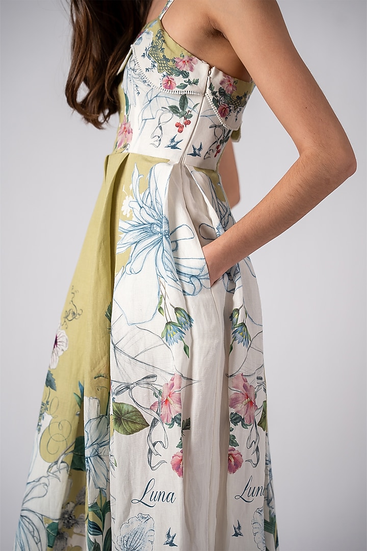 Multi-Colored Viscose Linen Printed Midi Vacation Dress by Ranna Gill at Pernia's Pop Up Shop