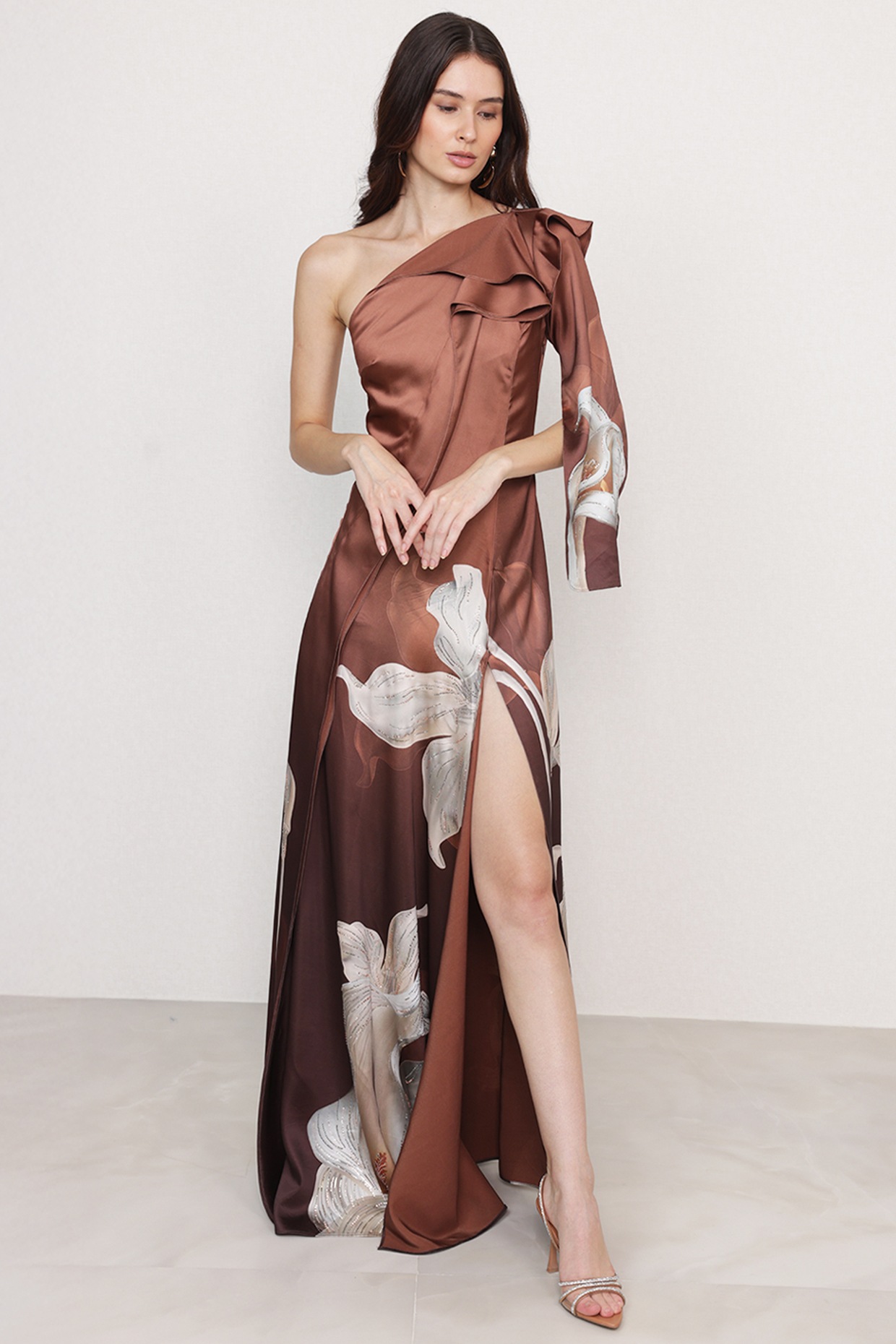 Ranna Gill Rust Brown Poly Satin Floral Printed Draped Gown
