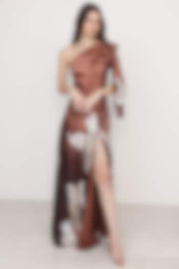 Rust Brown Poly Satin Floral Printed Draped Engagement Gown by Ranna Gill at Pernia's Pop Up Shop