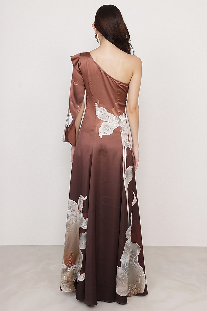 Rust Brown Poly Satin Floral Printed Draped Engagement Gown by Ranna Gill at Pernia's Pop Up Shop