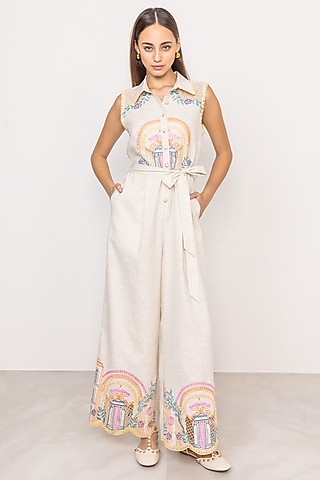 Oatmeal-Colored Linen Embroidered Jumpsuit by Ranna Gill