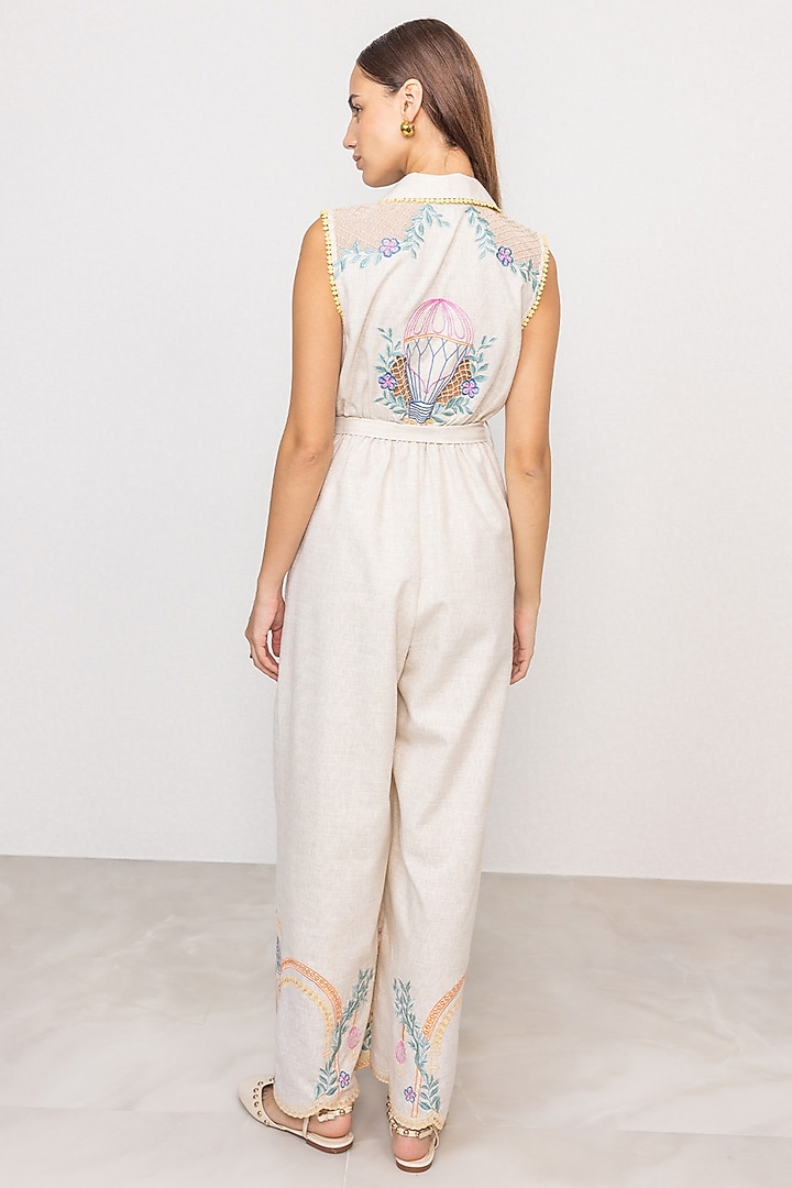 Oatmeal-Colored Linen Embroidered Jumpsuit by Ranna Gill at Pernia's Pop Up Shop