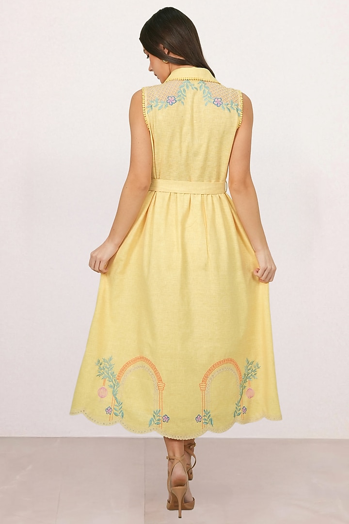 Yellow Linen Printed Shirt Vacation Dress by Ranna Gill at Pernia's Pop Up Shop
