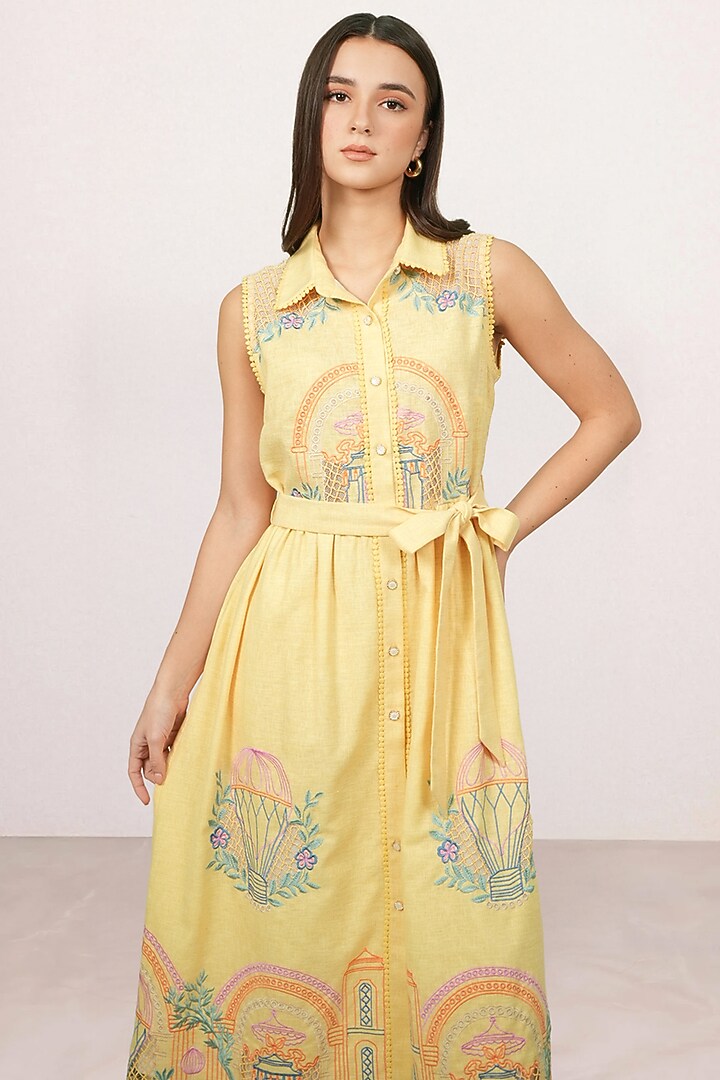 Yellow Linen Printed Shirt Vacation Dress by Ranna Gill at Pernia's Pop Up Shop