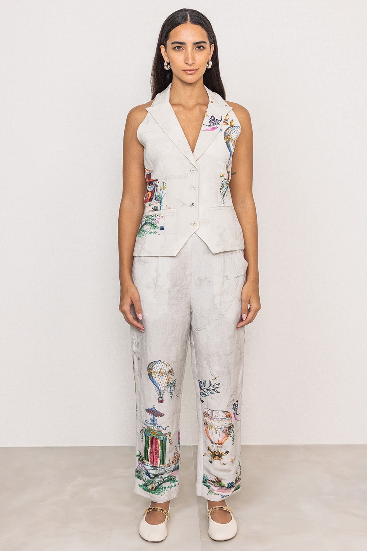 Ranna Gill Grey Linen Viscose Printed Pants
