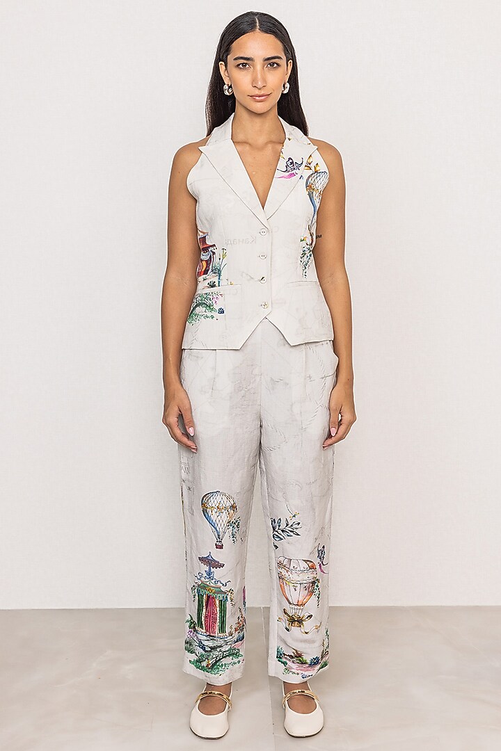 Grey Linen Viscose Printed Pants by Ranna Gill at Pernia's Pop Up Shop