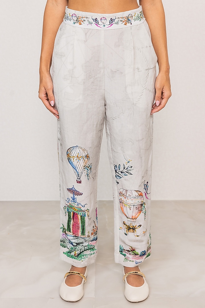 Grey Linen Viscose Printed Pants by Ranna Gill at Pernia's Pop Up Shop