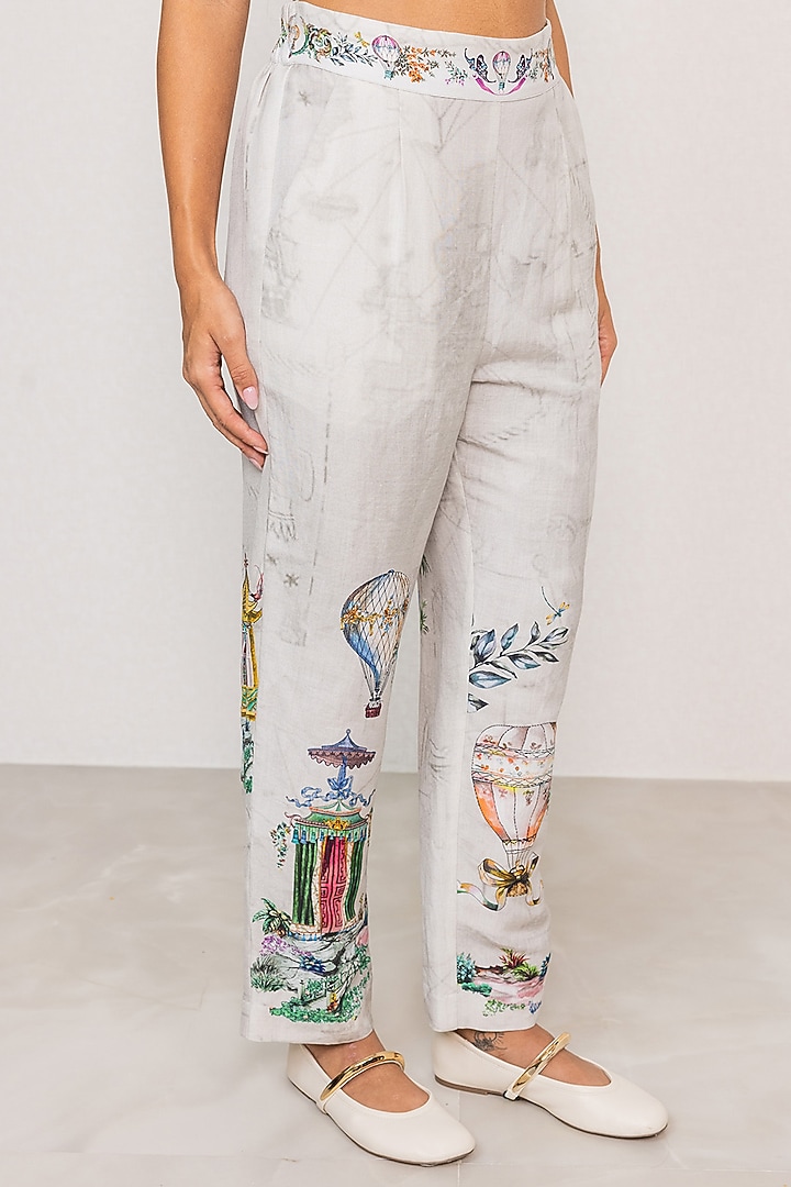 Grey Linen Viscose Printed Pants by Ranna Gill at Pernia's Pop Up Shop