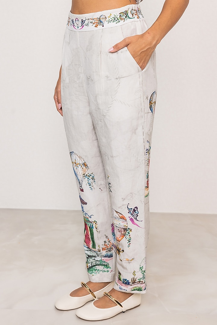 Grey Linen Viscose Printed Pants by Ranna Gill at Pernia's Pop Up Shop