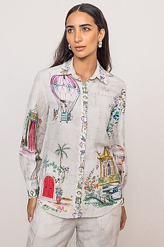 Grey Linen Viscose Printed Shirt by Ranna Gill