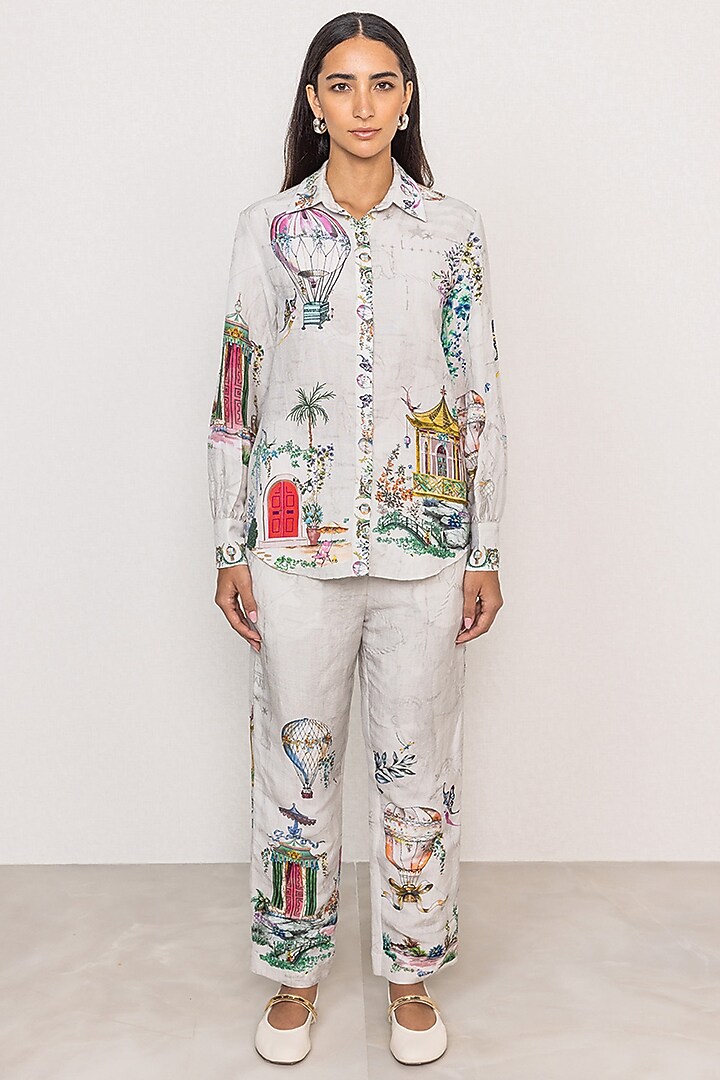 Grey Linen Viscose Printed Shirt by Ranna Gill at Pernia's Pop Up Shop